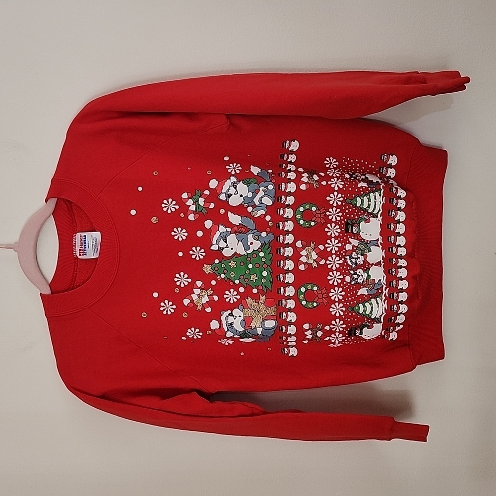 Vintage Hanes Activewear puff paint kitty cat Pullover Christmas sweatshirt Sz S